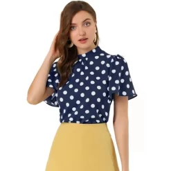 Allegra K Women's Polka Dots Stand Collar Pleat Keyhole Back Short Flare Sleeve Tops -Style Haven Shop GUEST 85e4c633 bb19 4841 b61d 9f49aa66150b