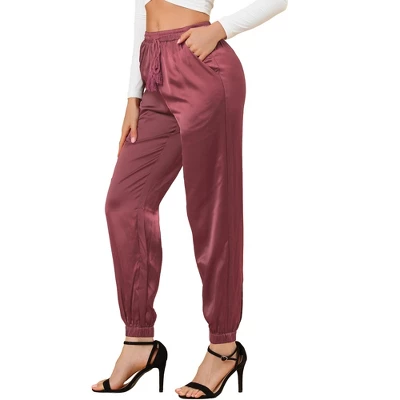 Allegra K Women's Drawstring Elastic Waist Athleisure Pants Ankle Length Satin Joggers With Pocket 22 Allegra K Women's Drawstring Elastic Waist Athleisure Pants Ankle Length Satin Joggers With Pocket - Image 20