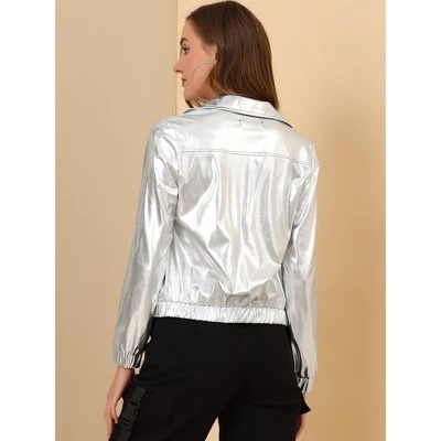 Allegra K Women's Track Holographic Shiny Long Sleeve Metallic Zip Front Jacket 6 Allegra K Women's Track Holographic Shiny Long Sleeve Metallic Zip Front Jacket - Image 4