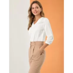 Allegra K Women's V Neck 3/4 Sleeve Casual Office Work Satin Blouses