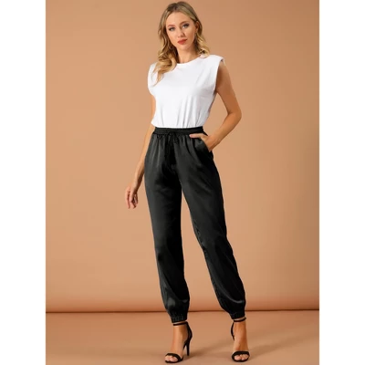 Allegra K Women's Drawstring Elastic Waist Athleisure Pants Ankle Length Satin Joggers With Pocket 4 Allegra K Women's Drawstring Elastic Waist Athleisure Pants Ankle Length Satin Joggers With Pocket - Image 2