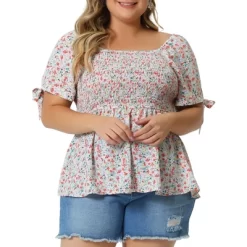 Agnes Orinda Women's Plus Size Floral Square Neck Smocked Bow Tie Short Sleeve Peplum Blouse -Style Haven Shop GUEST 90c8fc78 3547 43fd 9181 5cdb6d4ab9c8