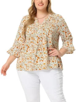 Agnes Orinda Women's Plus Size Pleated Ruffle 3/4 Sleeves V Neck Floral Blouse -Style Haven Shop GUEST 98dd3a74 caa8 4227 be2d 4a617481d15d