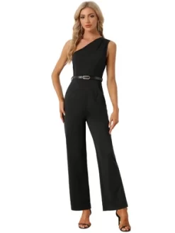 Allegra K Women's One-Shoulder Dressy Sleeveless Belt Wide Leg Rompers -Style Haven Shop GUEST 9ad0320e 70e7 4c8e 877e b3888935a55a