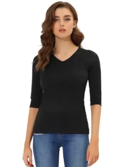 Allegra K Women's Casual Elbow Sleeves Solid Color V Neck T-Shirts -Style Haven Shop GUEST 9f490740 f196 43ac ad9d df0be49e1426