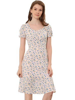 Allegra K Women's Floral Sweetheart Neck Smock Ruffle Print A-Line Dress 13 Allegra K Women's Floral Sweetheart Neck Smock Ruffle Print A-Line Dress - Image 11