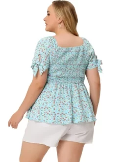 Agnes Orinda Women's Plus Size Floral Square Neck Smocked Bow Tie Short Sleeve Peplum Blouse -Style Haven Shop GUEST a3c1c6b9 b50c 4c3a b1ac 0e18a687a788