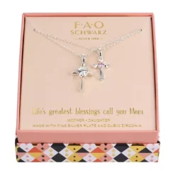 FAO 2pc Silver Tone Cross Pendant Mommy & Me Necklace Set
