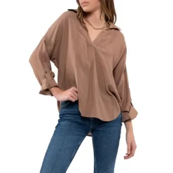 August Sky Women's Collared Split Neck Long Sleeve Top -Style Haven Shop GUEST a56472d2 1600 4f3b b994 53ae6b647e08