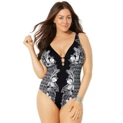 Swimsuits For All Women’s Plus Size V-Neck Ring One Piece Swimsuit