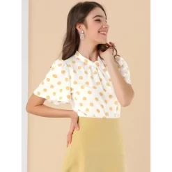 Allegra K Women's Polka Dots Stand Collar Pleat Keyhole Back Short Flare Sleeve Tops