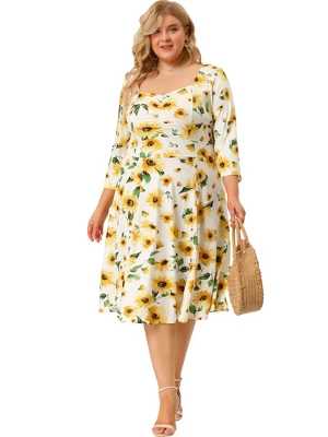 Agnes Orinda Women's Plus Size 3/4 Sleeve Sweetheart Neck Floral Midi Dress 4 Agnes Orinda Women's Plus Size 3/4 Sleeve Sweetheart Neck Floral Midi Dress - Image 2