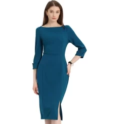 Allegra K Women's Elegant Boat Neck 3/4 Sleeves Wear To Work Midi Split Sheath Dress -Style Haven Shop GUEST aa3f0104 144b 4853 ba8f 9407d56451d3