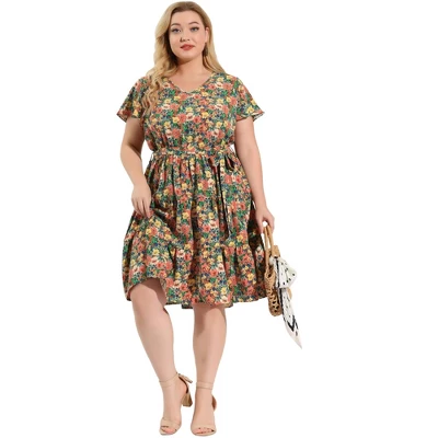 Agnes Orinda Women's Plus Size V Neck Floral Empire Waist Dresses 4 Agnes Orinda Women's Plus Size V Neck Floral Empire Waist Dresses - Image 2