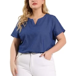 Agnes Orinda Women's Plus Size Blouse Work Short Sleeve V Neck Chambray Casual Tops