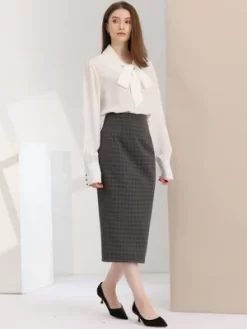 Allegra K Women's Checked Plaid Printed High Waist Zipper Back Split Bodycon Midi Skirt