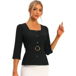 Allegra K Women's Square Neck 3/4 Sleeve Belted Button Front Work Peplum Blouse -Style Haven Shop GUEST aeaa331e ec77 43ef b2d9 f1aa799e682e