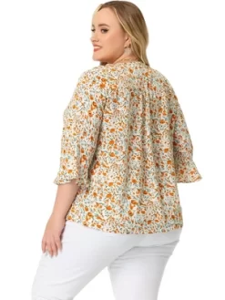 Agnes Orinda Women's Plus Size Pleated Ruffle 3/4 Sleeves V Neck Floral Blouse -Style Haven Shop GUEST aedf42ed 0f1f 4cf0 9383 370b64a16a2e