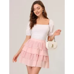 Allegra K Women's Summer High Waist A-Line Lace Mini Tiered Skirt