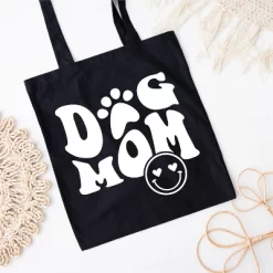 City Creek Prints Dog Mom Smiley Canvas Tote Bag - 15x16 - Black