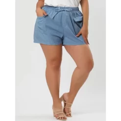 Agnes Orinda Women's Plus Size Drawstring Elastic Waist Pockets Denim Shorts
