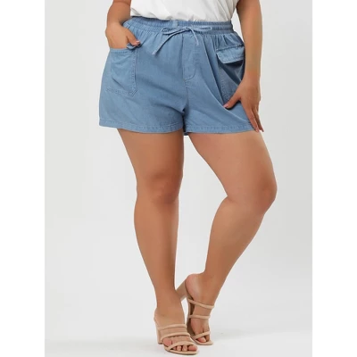 Agnes Orinda Women's Plus Size Drawstring Elastic Waist Pockets Denim Shorts 3 Agnes Orinda Women's Plus Size Drawstring Elastic Waist Pockets Denim Shorts