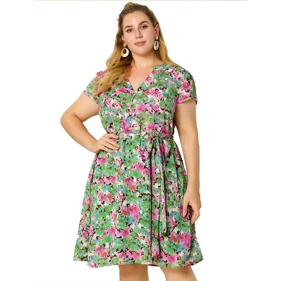 Agnes Orinda Women's Plus Size Casual Floral Short Sleeve Knee Length Shirt Dress 5 Agnes Orinda Women's Plus Size Casual Floral Short Sleeve Knee Length Shirt Dress - Image 3