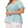 Agnes Orinda Women's Plus Size Floral Square Neck Smocked Bow Tie Short Sleeve Peplum Blouse -Style Haven Shop GUEST be9e0a1a 3f09 4516 974a ce86dfef695b