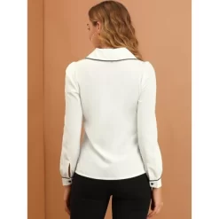 Allegra K Women's Casual Peter Pan Collar Contrast Shirt Puff Sleeve Work Blouse Tops -Style Haven Shop GUEST c420059c d140 40e0 9599 d3e6353d49a9