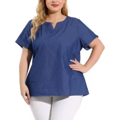 Agnes Orinda Women's Plus Size Blouse Work Short Sleeve V Neck Chambray Casual Tops -Style Haven Shop GUEST c6d2aaf5 8d3b 4e34 b6f7 848861165bd7