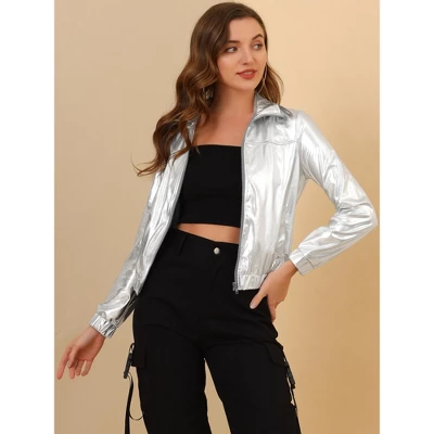 Allegra K Women's Track Holographic Shiny Long Sleeve Metallic Zip Front Jacket 4 Allegra K Women's Track Holographic Shiny Long Sleeve Metallic Zip Front Jacket - Image 2