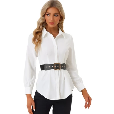 Allegra K Women's Cinched Waist Long Sleeve Button Up Belted Tunic Shirt 8 Allegra K Women's Cinched Waist Long Sleeve Button Up Belted Tunic Shirt - Image 6