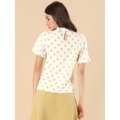 Allegra K Women's Polka Dots Stand Collar Pleat Keyhole Back Short Flare Sleeve Tops -Style Haven Shop GUEST d0e3e21b 85db 4bbf 8698 3d7daed8b5e7