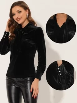Allegra K Women's Vintage Gothic Blouse Velvet Dressy Bow Tie Neck Office Business Work Shirt Tops
