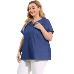 Agnes Orinda Women's Plus Size Blouse Work Short Sleeve V Neck Chambray Casual Tops -Style Haven Shop GUEST d4586ae1 b191 4eaf 997a c82f48d6c62a