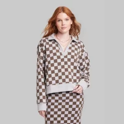 Women's Ascot + Hart Collared Checkered Long Sleeved Graphic Pullover