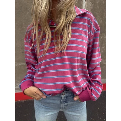 Women's Ascot + Hart Collared Striped Long Sleeve Graphic T-Shirt 6 Women's Ascot + Hart Collared Striped Long Sleeve Graphic T-Shirt - Image 4