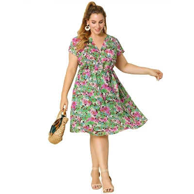 Agnes Orinda Women's Plus Size Casual Floral Short Sleeve Knee Length Shirt Dress 4 Agnes Orinda Women's Plus Size Casual Floral Short Sleeve Knee Length Shirt Dress - Image 2