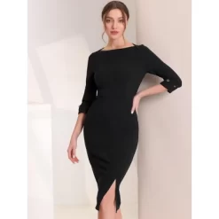 Allegra K Women's Elegant Boat Neck 3/4 Sleeves Wear To Work Midi Split Sheath Dress