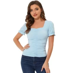 Allegra K Women's Square Neck Puff Sleeve Elegant Glitter Ruched Blouse -Style Haven Shop GUEST de1b9191 bb9d 41a2 9c3b fe21380b47de