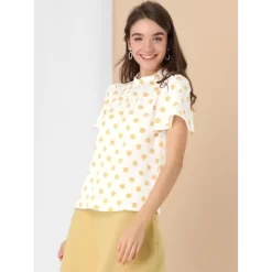 Allegra K Women's Polka Dots Stand Collar Pleat Keyhole Back Short Flare Sleeve Tops -Style Haven Shop GUEST dfcf5835 a2fa 4f6c 971b 5a7f216bf9cd