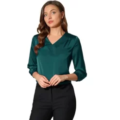 Allegra K Women's V Neck 3/4 Sleeve Casual Office Work Satin Blouses -Style Haven Shop GUEST e037f568 abdc 4344 be5f 0b273448e736