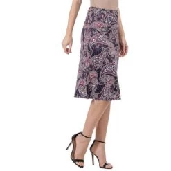 24seven Comfort Apparel Womens Grey Paisley Elastic Waist Knee Length Skirt