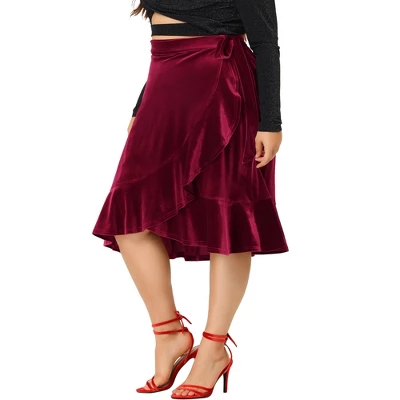 Agnes Orinda Women's Plus Size Skirt Ruffled Hem Velvet Wrap Skirts 3 Agnes Orinda Women's Plus Size Skirt Ruffled Hem Velvet Wrap Skirts