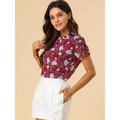 Allegra K Women's Ruffled Neck Chiffon Frill Trim Short Sleeve Floral Print Blouse Tops 5 Allegra K Women's Ruffled Neck Chiffon Frill Trim Short Sleeve Floral Print Blouse Tops - Image 3