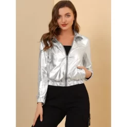 Allegra K Women's Track Holographic Shiny Long Sleeve Metallic Zip Front Jacket