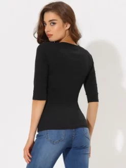 Allegra K Women's Casual Elbow Sleeves Solid Color V Neck T-Shirts -Style Haven Shop GUEST e910a43a 1f6e 4e6f b06d 713d3a020122