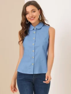 Allegra K Women's Casual Tops Sleeveless Button Down Peter Pan Collar Chambray Shirt -Style Haven Shop GUEST ea734f1c b250 4f9c 8c49 7d8d2364c1aa
