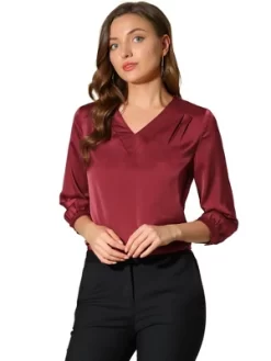 Allegra K Women's V Neck 3/4 Sleeve Casual Office Work Satin Blouses -Style Haven Shop GUEST eb58c65b fe19 49aa bb14 37fb06185d22