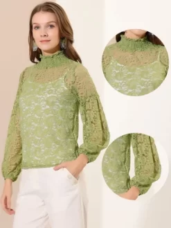 Allegra K Women's See Through Mock Neck Long Sleeve Floral Lace Blouse